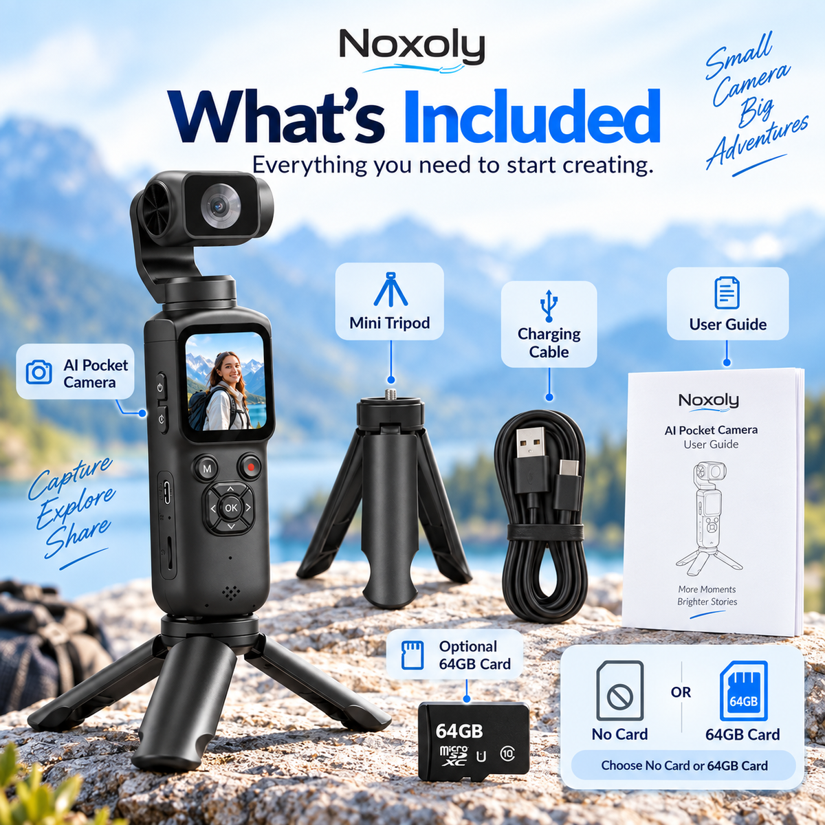 AI Pocket Camera package contents with mini tripod, charging cable and optional 64GB card
