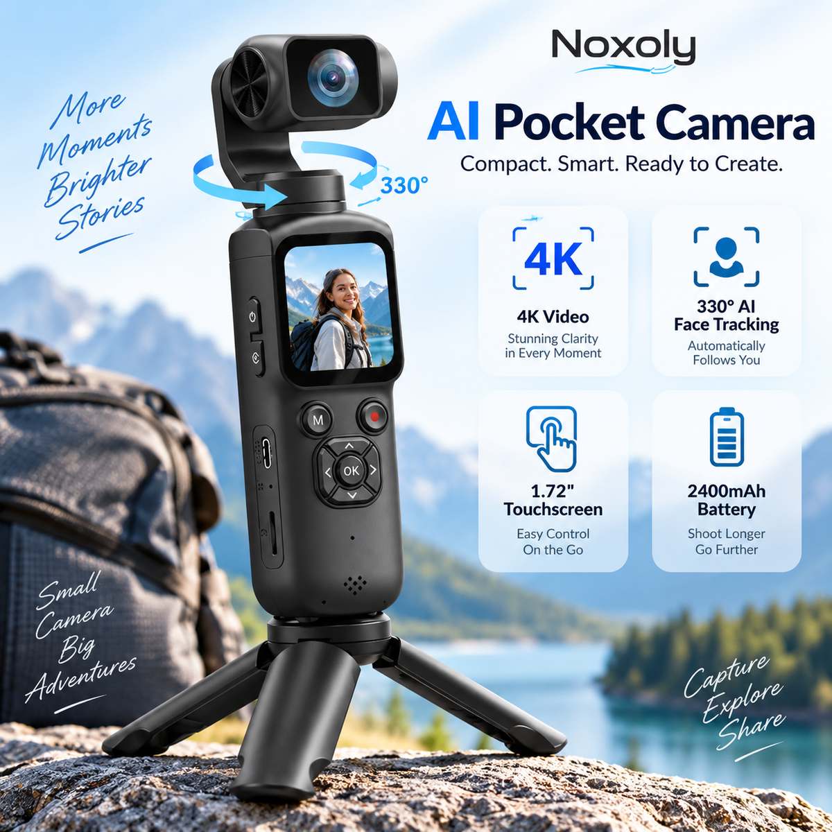 Noxoly AI Pocket Camera with 4K video, 330-degree AI face tracking, touchscreen and 2400mAh battery